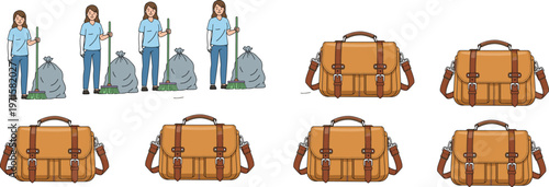 Cleaning worker characters with trash bags and brown leather messenger travel bags collection vector illustration set