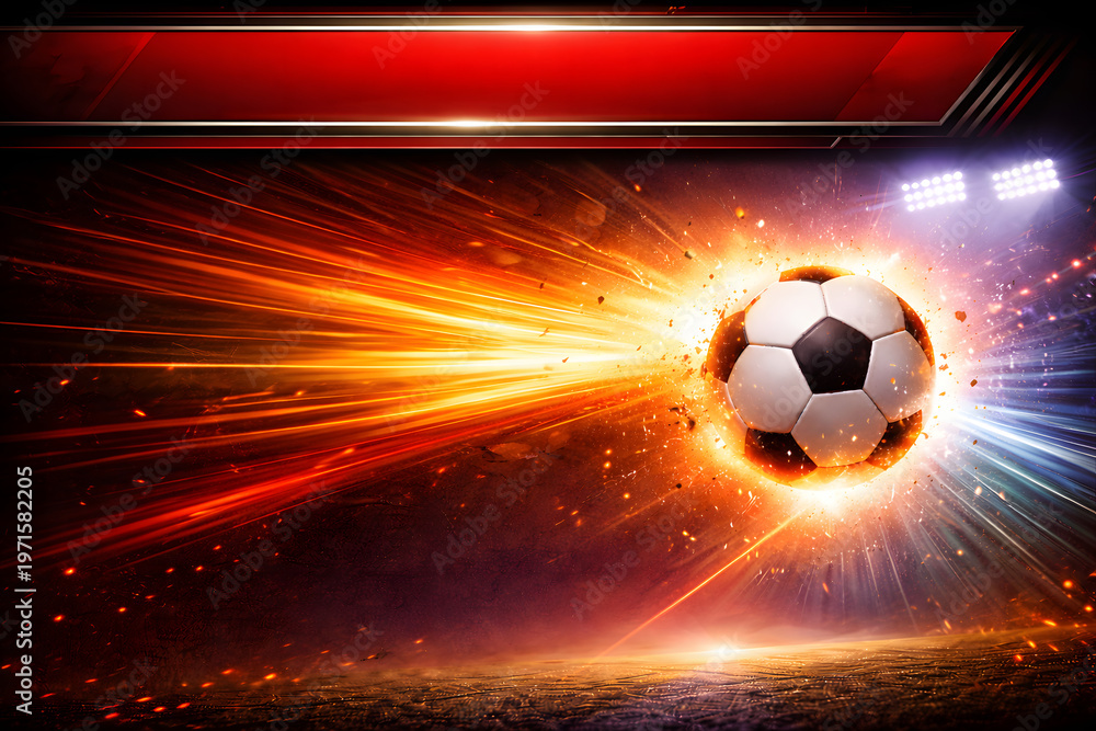 Fototapeta premium A dynamic soccer ball bursts forward with fiery energy and stadium lighting effects