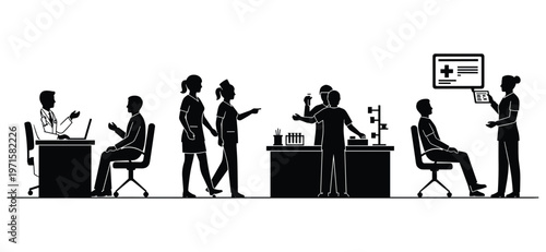 Hospital medical healthcare silhouettes set with doctor consultation laboratory test and nurse care vector