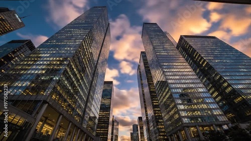 Modern city skyscrapers at different times.