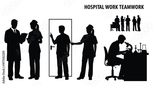 Hospital teamwork silhouettes vector medical staff teamwork collaboration lab meeting patient care support