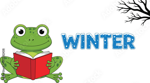 Bild auf Leinwand Cute cartoon frog reading book with winter text and tree branch seasonal vector
