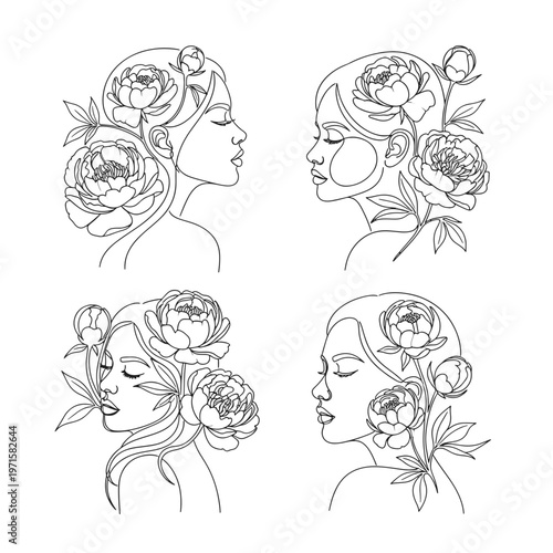 Line Art Woman Faces with Peony Flowers Decorative Elements