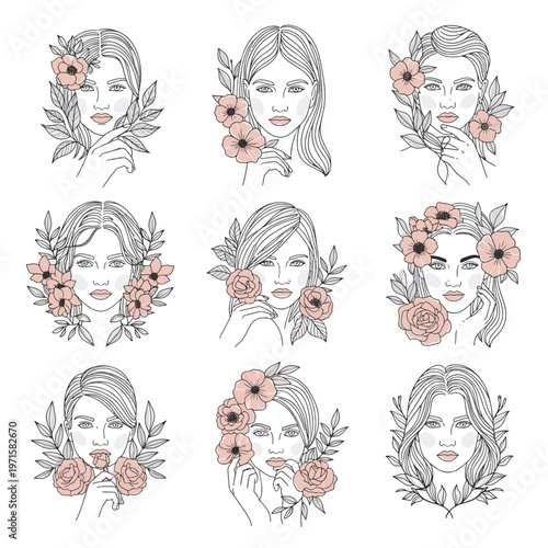 Minimalist Line Art Faces Adorned with Delicate Floral Elements