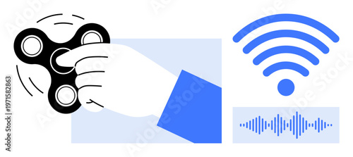 Technology concept. A hand spinning a fidget toy connected to wireless and soundwave symbols s technology, communication, and wireless interaction. Great for technology, connectivity, innovation