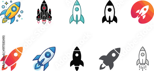 Rocket Icon Set with Startup Launch, Space Exploration, and Business Growth Symbols in Flat, Glyph, and Outline Styles Collection