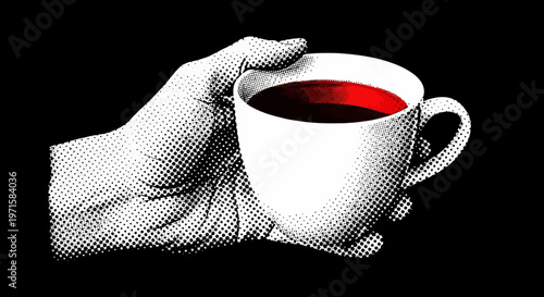 Hand Holding a Coffee Cup with Halftone Effect on Dark Background