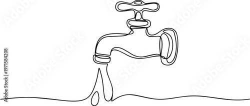 Water Tap continuous one line drawing, Continuous one line drawing of faucet water tap vector illustration, Water tap with flowing water in one line art style. Continuous one line art drawing style