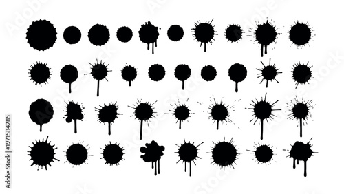 Black ink splatters and paint blots set for graphic design elements