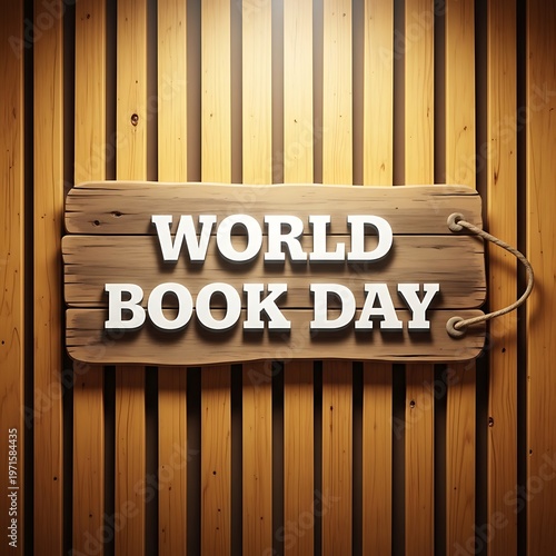 World book day wooden sign on a slatted wood background with rope handles