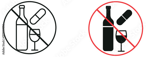 No drugs and no alcohol icon vector graphic illustration, prohibition symbols with white background, flat handmade fill style icons, anti drug and no alcohol signs, health awareness and restriction 