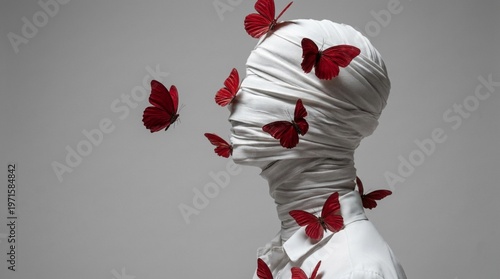 Wrapped head figure with red butterflies on a minimal gray backdrop

