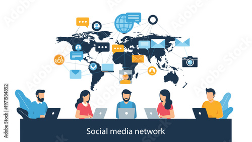 Team of professionals working on laptops under a global social media network map with various communication and media icons in a dark room.