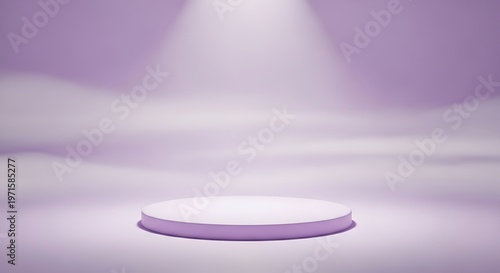 A delicate circular lavender podium is gently spotlighted amidst a soft, ethereal background resembling fluffy clouds or mist, creating a dreamlike setting for products.
