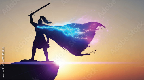 Powerful silhouette of a brave warrior standing on a mountain peak holding a sword high with a glowing magic cape of lightning and energy against a bright golden sunset sky