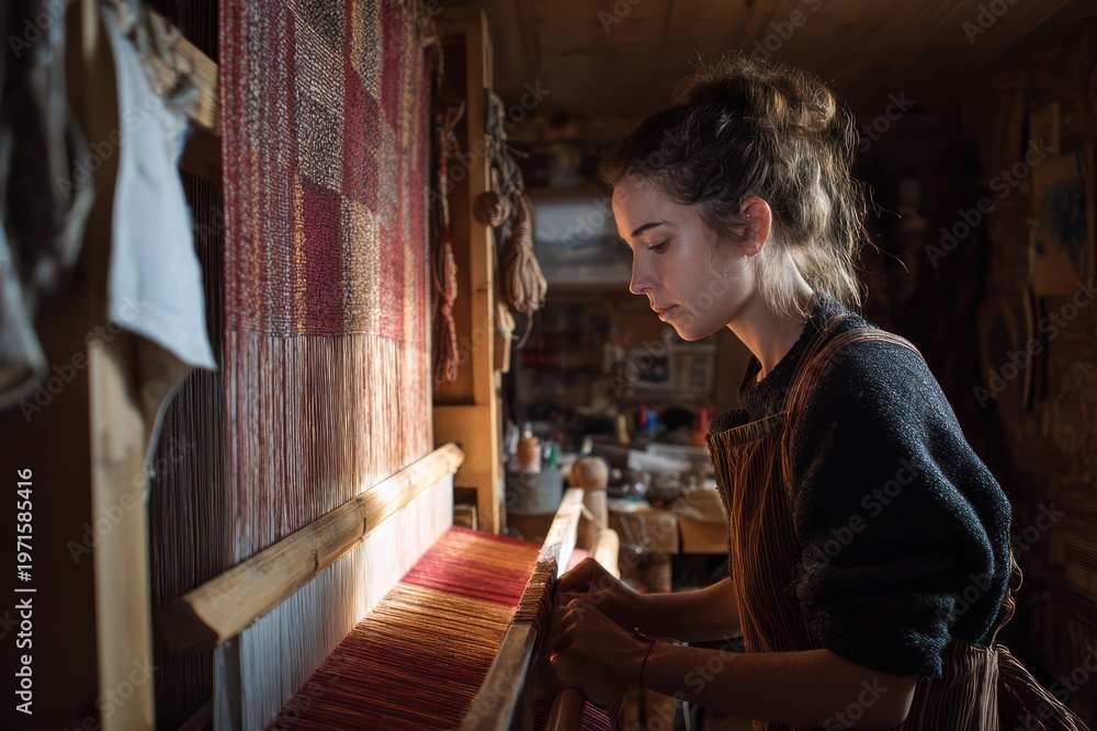 Obraz premium Textile artist weaving colorful fabric on loom