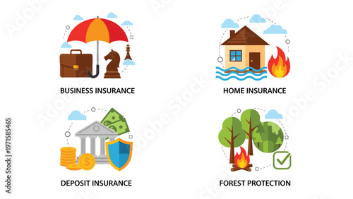 Set of four insurance concept icons for business, home, deposit protection, and forest conservation with colorful vector graphics and text.