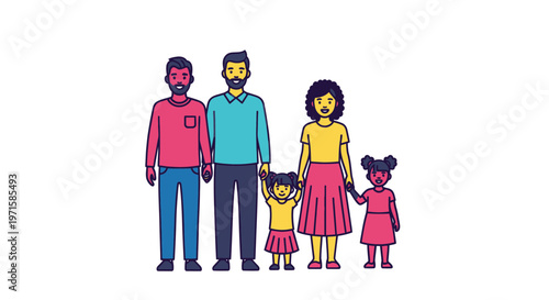 Diverse family of four standing together in colorful casual clothes smiling and happy