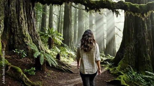 Woman walking on forest path surrounded by trees.