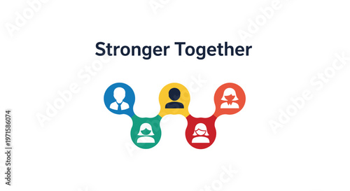 Colorful teamwork graphic with people icons and 'stronger together' text on white background