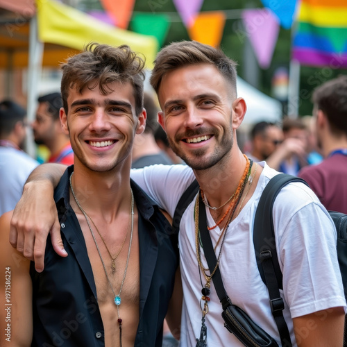 Two smiling men embrace at a colorful pride festival, surrounded by rainbow flags and festive decorations, embodying joy, acceptance, and community spirit