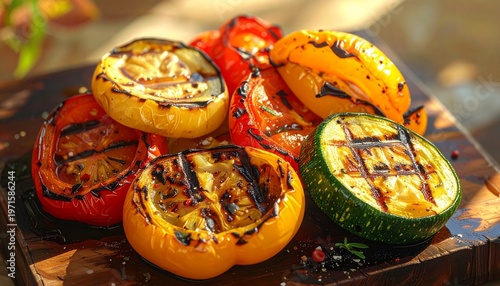 Grilled zucchini and bell peppers with charred texture on wooden board