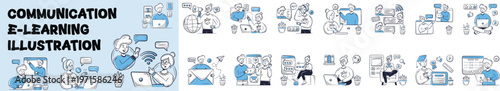 Diverse E-learning Icons and Scenes Depicting Communication and Development Concepts, e-learning, communication, development, online education, learning, digital, concept, icon, illustration, teaching