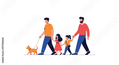 Lgbtq family walking with pet dog together outdoors in a happy moment