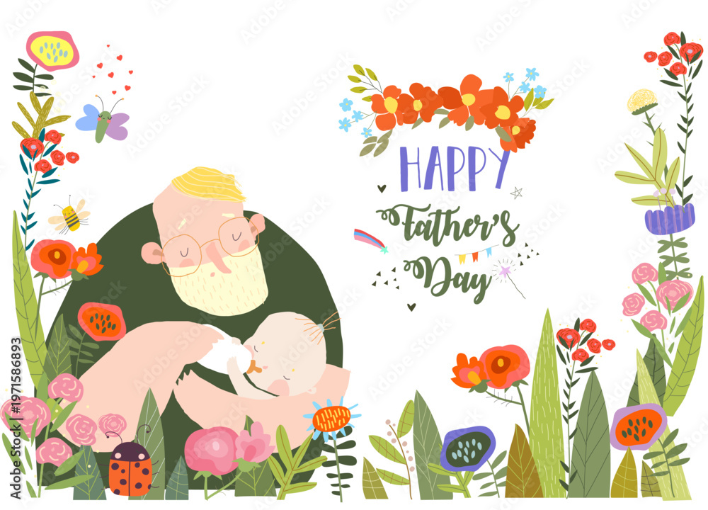 Naklejka premium Vector Cute Floral Frame Composed with Cartoon Father feeding Baby from Bottle
