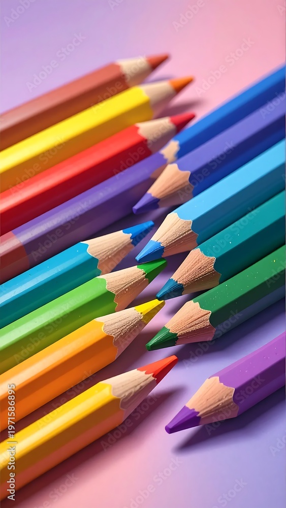 Fototapeta premium Vibrant Rainbow of Colored Pencils - A Close-Up Perspective.
