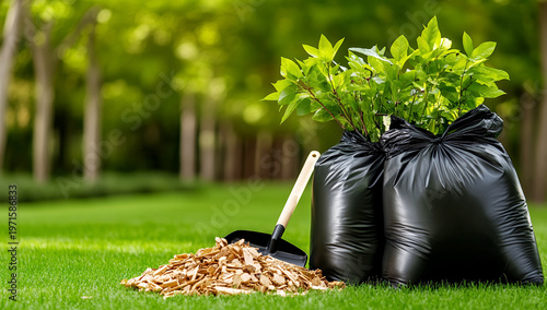 Landscaping tools and young trees ready for planting, neatly placed on green grass