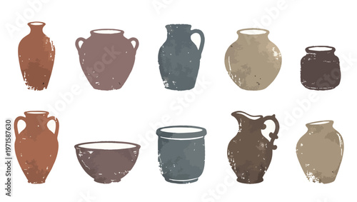 Rustic Pottery and Vase Silhouettes Vector Set on Light Background, pottery silhouettes, vase vector, ceramic shapes, rustic design, minimalist pottery, decorative vases, traditional ceramics, 