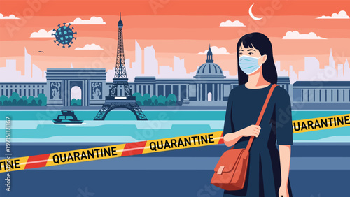 Young woman wearing a face mask in front of a quarantined Paris cityscape with yellow tape and a virus icon during a pandemic health crisis.