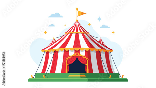Classic red and white striped circus tent with several peaks and a yellow flag on top set against a simple blue sky with clouds and stars.