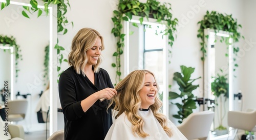 A hairstylist in black styles a smiling client's blonde hair in a modern salon with green plants and natural light. Perfect for beauty, wellness, and professional service concepts.