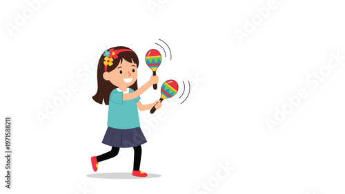 Energetic young girl enjoys a music lesson while playing with colorful maracas in a simple and fun cartoon illustration style.