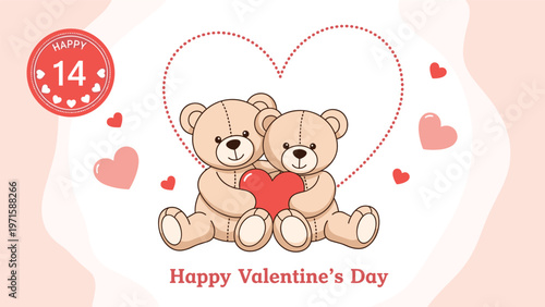 Adorable teddy bears share a warm embrace while holding a big red heart for a romantic Valentine Day celebration greeting card.