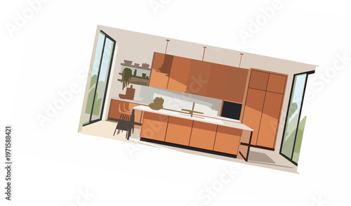 Minimal modern kitchen vector with island and wooden cabinetry elegant interior isolated on white background