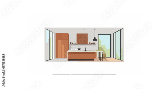 Contemporary open kitchen vector with wooden cabinetry and island in perspective layout isolated on white background