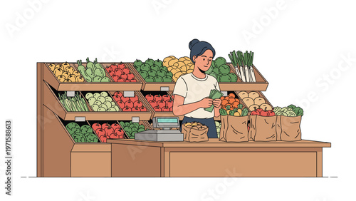Friendly shop assistant counts money at a wooden grocery counter surrounded by fresh fruits and vegetables in an outdoor market.