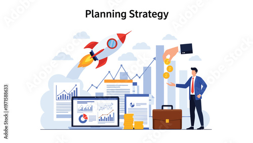 Successful planning strategy illustration features a rocket launch beside financial charts and a businessman receiving gold coins.