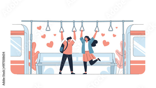 Young romantic couple enjoys a commute on a train while surrounded by floating pink hearts symbolizing their love and affection.