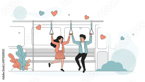 Cute couple enjoys a playful moment on a subway train with floating hearts above them to illustrate a romantic city commute.