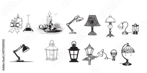 Title collection of vintage lamp sketches a black and white illustration description this image showcases a variety of hand drawn lamp designs in