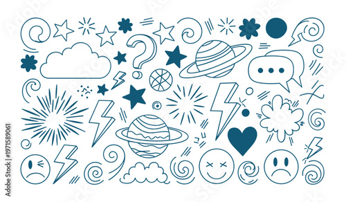Collection of blue and white doodle including planets stars clouds lightning text bubbles and faces