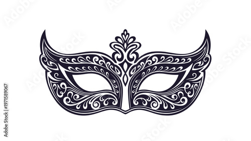 Ornate black masquerade mask with delicate white scrollwork patterns is presented on a clean white background for a festive event.