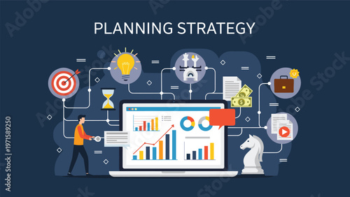 Strategic business planning concept displays various financial data charts and analytical icons on a laptop for professional growth.