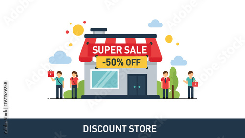 Customers gather outside a local discount store displaying a major super sale sign for a fifty percent off shopping event.