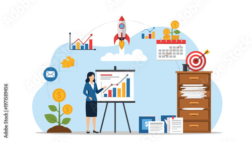 Confident professional woman presents a successful growth strategy on a flipchart with various business and finance icons.