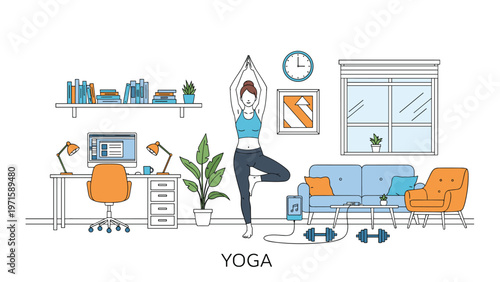Dedicated woman practices a yoga tree pose in her modern home office to maintain a healthy work life balance and physical wellness.